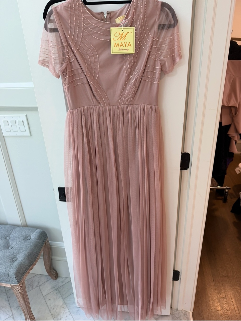Maya maternity Dusty Rose Tulle Maxi Dress with Beaded Bodice